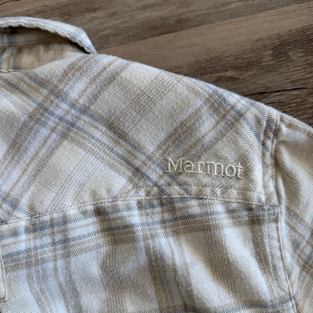 Marmot Womens XS Cream Gray Plaid Flannel Button Down Shirt Pockets Excellent - Picture 4 of 11